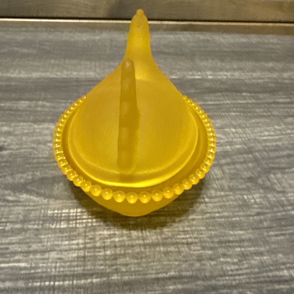 Yellow Satin Glass Hen on Nest Covered Dish 5" Chicken Beaded Rim Import - Picture 4 of 9